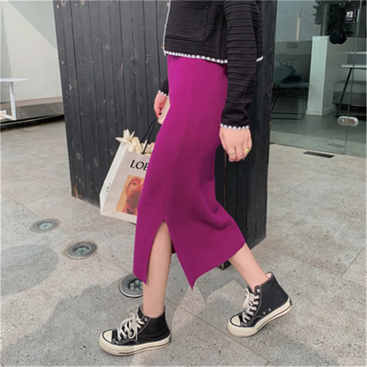 2021 Korean Style Beige Black Green Purple Tube Skirt Women&#39;s Knit Straight Skirt With Slit High Waist Long Pencil Skirt Womens